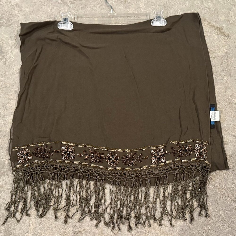 Sue Wong Silk Scarf Shawl Large Army Green Olive Brown Gold Lace Hand Beaded #4
